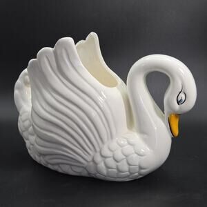 Vintage Ceramic Swan Planter Hand Painted Details Kitschy Decor Cute Vase